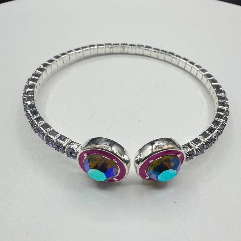 Silver Tone AB Crystal Open Cuff Bracelet Pink Enamel Statement Boho Gift Y2K